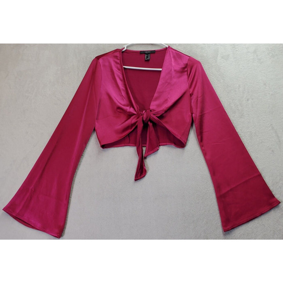 FOREVER 21 Satin Top Womens XS Magenta Polyester‎ Bell Sleeve V Neck Drawstring - Picture 1 of 9